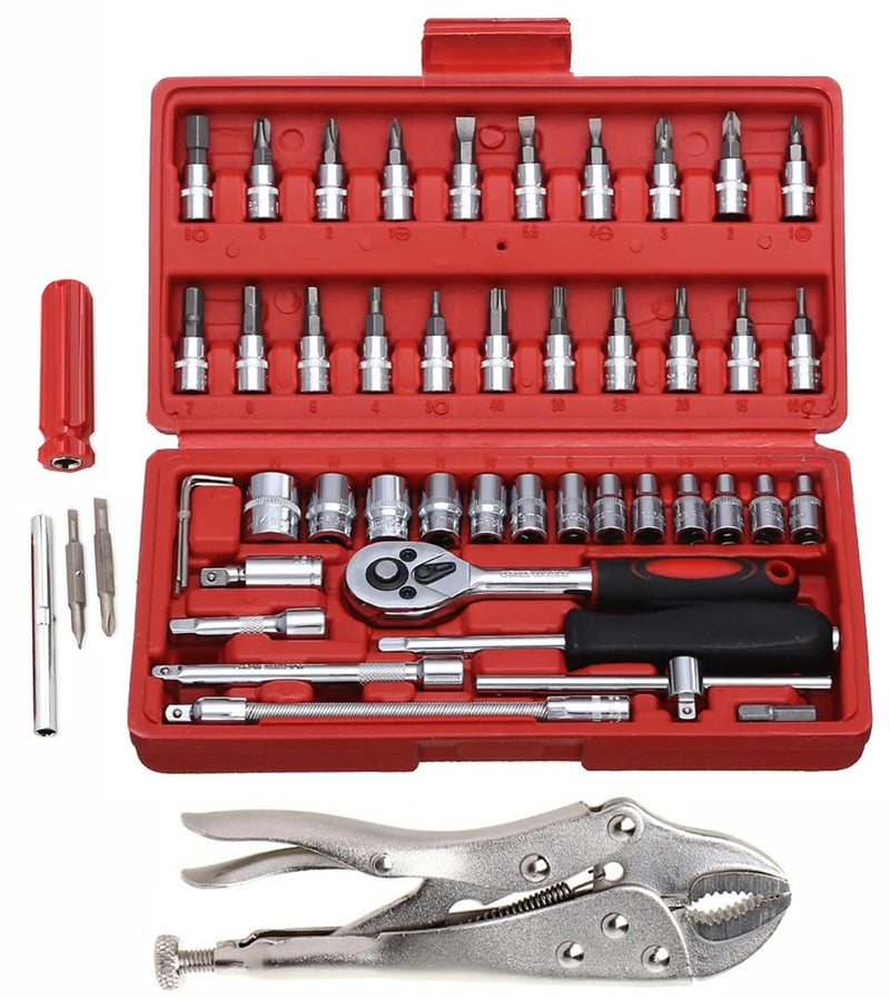 Digital Craft Hand Tool Kit Car Ratchet Wrench Assembly Tool Household Repair Tools Automotive Set Socket Set 46Pc4 In 1 Screw Driver10 Inch Lock Plier - Image 1