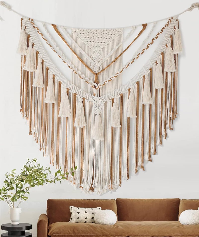 Jakalin Permanent & temporary usable Macrame Wall Hanging Large Brown Macrame Wall Decor Boho Panels Handmade Yarn Wall Art Living Room Bedroom Home Decor55 Lx 47" W Safe material - Image 1