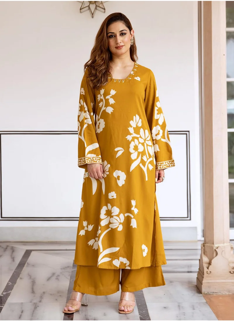 آي شين Women's Mustard Rayon Printed Tunic Full Length Palazzo Straight Fit Kurta Set