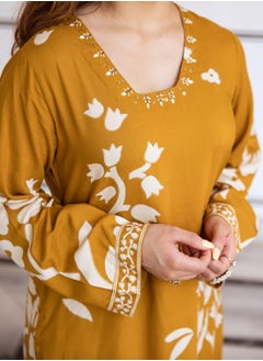 ISHIN Women's Mustard Rayon Printed Tunic Full Length Palazzo Straight Fit Kurta Set  - Image 3