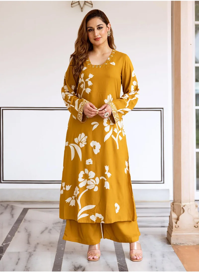 آي شين Women's Mustard Rayon Printed Tunic Full Length Palazzo Straight Fit Kurta Set
