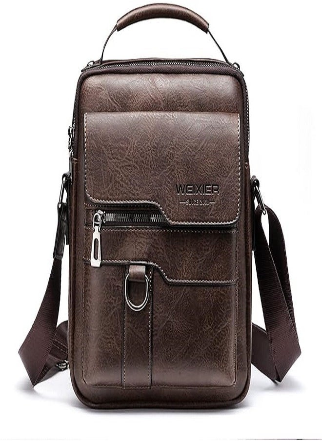 WEIXIER - Messenger Bag,PU Leather Satchel Pouch Side Crossover Handbag Crossbody Shoulder Purse Waterproof Shoulder Backpack Bag Unisex Laptop Bag Chest Casual Daypack for Travel Hiking-Dark Brown - Image 1