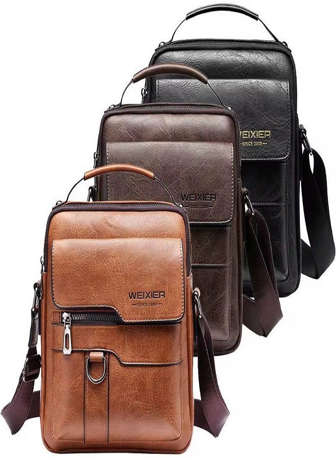 WEIXIER - Messenger Bag,PU Leather Satchel Pouch Side Crossover Handbag Crossbody Shoulder Purse Waterproof Shoulder Backpack Bag Unisex Laptop Bag Chest Casual Daypack for Travel Hiking-Dark Brown - Image 1