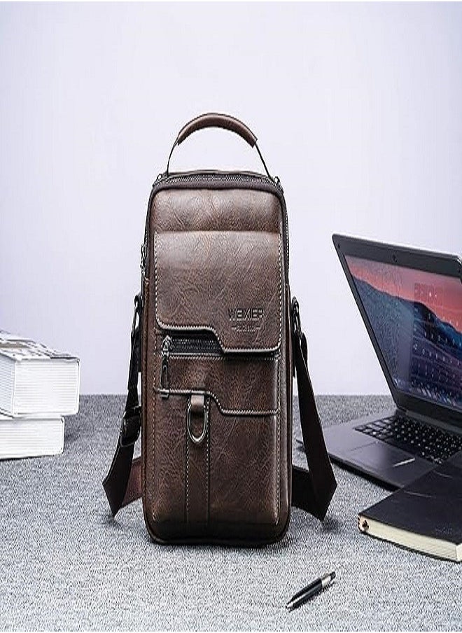 WEIXIER - Messenger Bag,PU Leather Satchel Pouch Side Crossover Handbag Crossbody Shoulder Purse Waterproof Shoulder Backpack Bag Unisex Laptop Bag Chest Casual Daypack for Travel Hiking-Dark Brown - Image 1