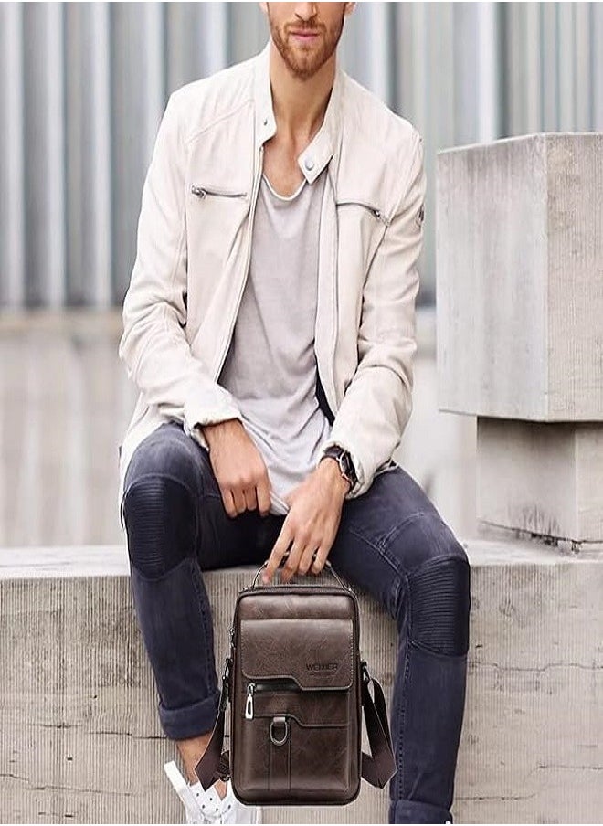 WEIXIER - Messenger Bag,PU Leather Satchel Pouch Side Crossover Handbag Crossbody Shoulder Purse Waterproof Shoulder Backpack Bag Unisex Laptop Bag Chest Casual Daypack for Travel Hiking-Dark Brown - Image 1