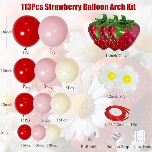 Ceeulvu Strawberry Balloon Arch Kit Red Pink Berry Daisy Balloons Garland for Berry First Birthday Decorations Strawberry Party Supplies Baby Shower - Image 5
