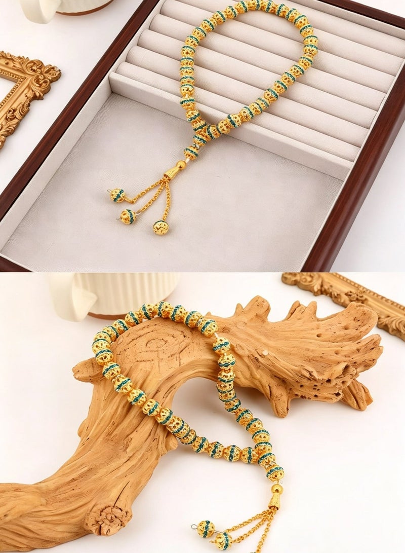 اسم المحتوى ناريلا 33 Beads Gilded Enamel Carved Round Islamic Tasbih Prayer Beads, Vintage Gold & Green Contrast Metal Muslim Rosary With 3-Bead Braided Tassel, Luxury Unisex Dhikr Beads For Salah & Eid Gifting - Image 4