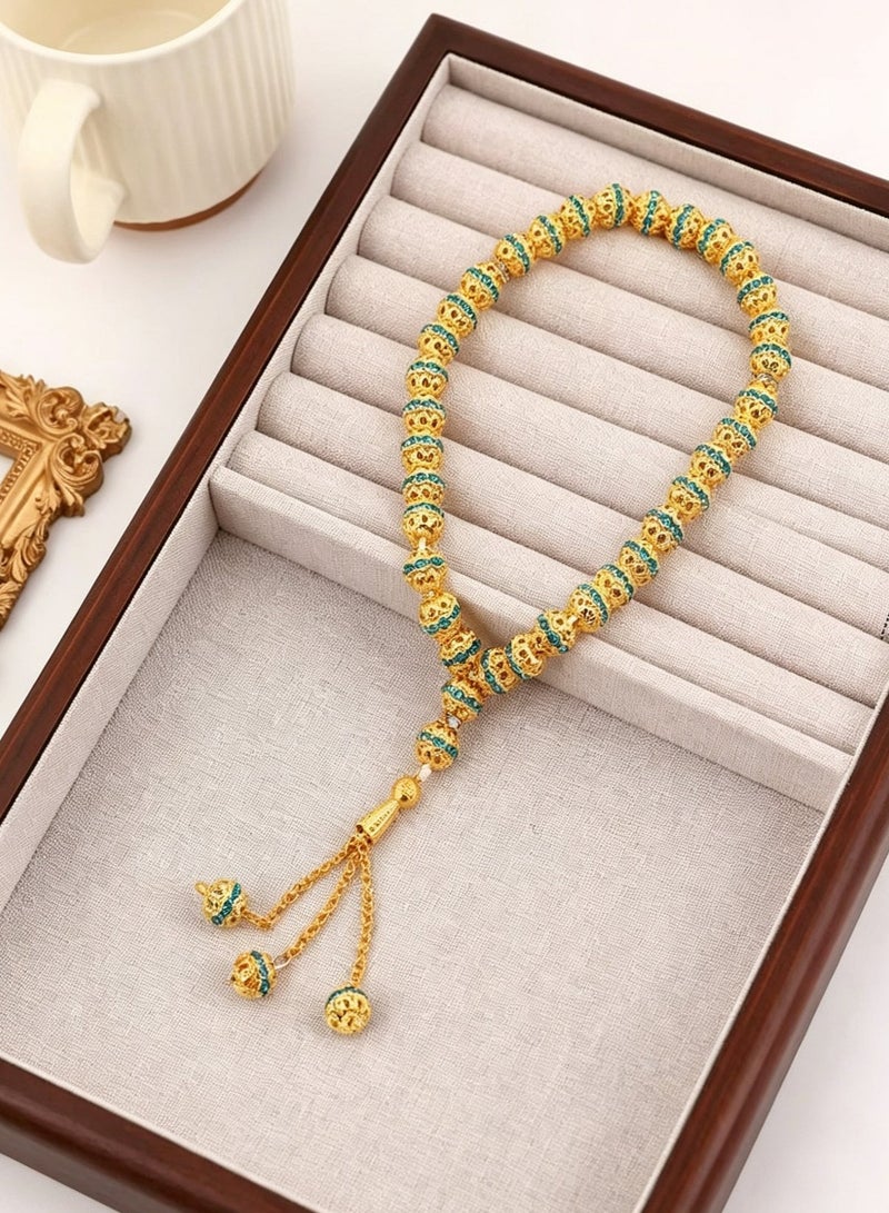 اسم المحتوى ناريلا 33 Beads Gilded Enamel Carved Round Islamic Tasbih Prayer Beads, Vintage Gold & Green Contrast Metal Muslim Rosary With 3-Bead Braided Tassel, Luxury Unisex Dhikr Beads For Salah & Eid Gifting - Image 5