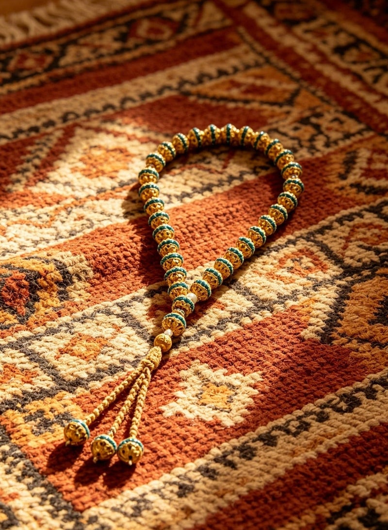 اسم المحتوى ناريلا 33 Beads Gilded Enamel Carved Round Islamic Tasbih Prayer Beads, Vintage Gold & Green Contrast Metal Muslim Rosary With 3-Bead Braided Tassel, Luxury Unisex Dhikr Beads For Salah & Eid Gifting - Image 1