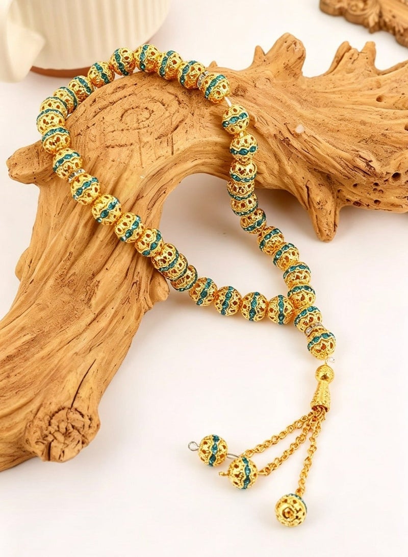اسم المحتوى ناريلا 33 Beads Gilded Enamel Carved Round Islamic Tasbih Prayer Beads, Vintage Gold & Green Contrast Metal Muslim Rosary With 3-Bead Braided Tassel, Luxury Unisex Dhikr Beads For Salah & Eid Gifting - Image 2