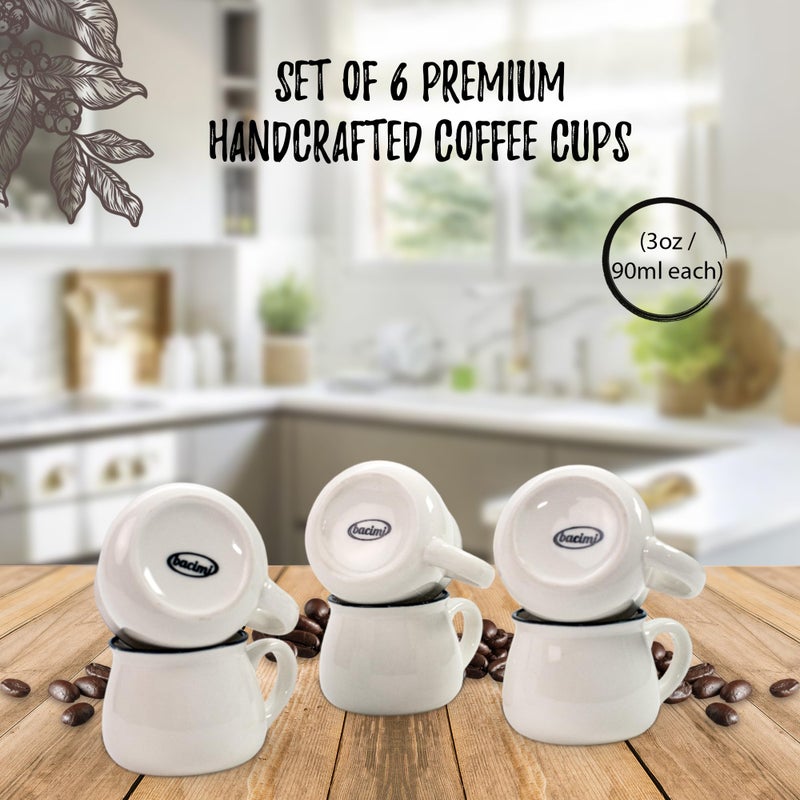 BacimiÂ® Mini Ceramic Espresso Coffee Mugs (Set of 6 / 3oz 90ML) - Small Drinking Cups - Dishwasher & Microwave Safe - Diner Style Modern Mugs for Coffee, Tea, Cocoa, Milk & Latte - White - Image 2