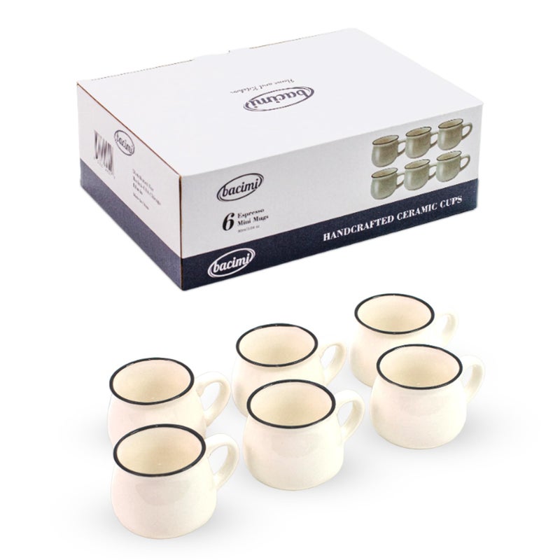 BacimiÂ® Mini Ceramic Espresso Coffee Mugs (Set of 6 / 3oz 90ML) - Small Drinking Cups - Dishwasher & Microwave Safe - Diner Style Modern Mugs for Coffee, Tea, Cocoa, Milk & Latte - White - Image 1
