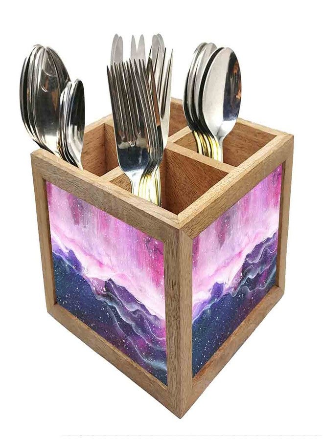 Nutcase Wooden Cutlery Stand Holder Silverware Caddy Spoons Forks Knives Organizer for Dining Table & Kitchen -Made in India-Spoons NOT Included - Space Colorful Watercolor - Image 1
