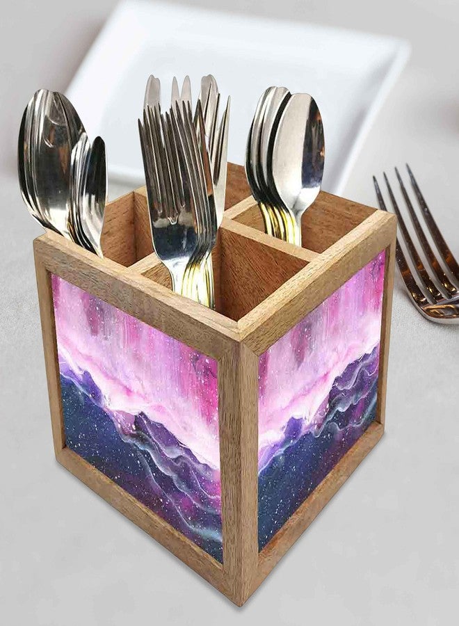 Nutcase Wooden Cutlery Stand Holder Silverware Caddy Spoons Forks Knives Organizer for Dining Table & Kitchen -Made in India-Spoons NOT Included - Space Colorful Watercolor - Image 2