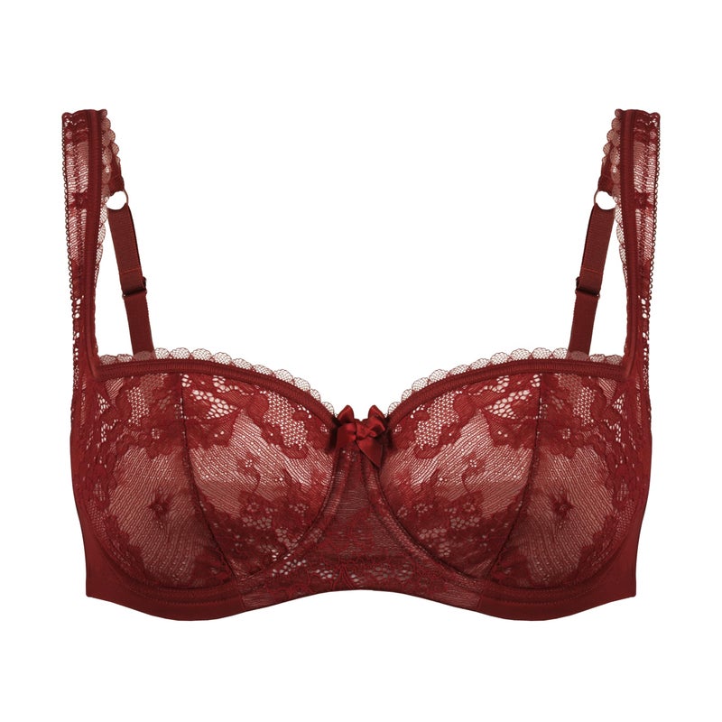 Rosme Women's Balconette Bra with Push Up Effect â€“ Plus Size Sexy Lace Demi Half Cup Bra â€“ Lightly Padded Underwired Low Cut Mesh Design Eliza, Red, Size 36C - Image 3