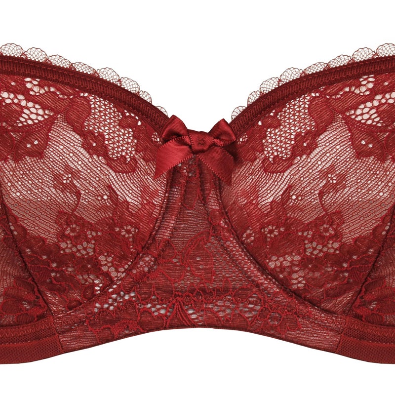 Rosme Women's Balconette Bra with Push Up Effect â€“ Plus Size Sexy Lace Demi Half Cup Bra â€“ Lightly Padded Underwired Low Cut Mesh Design Eliza, Red, Size 36C - Image 4