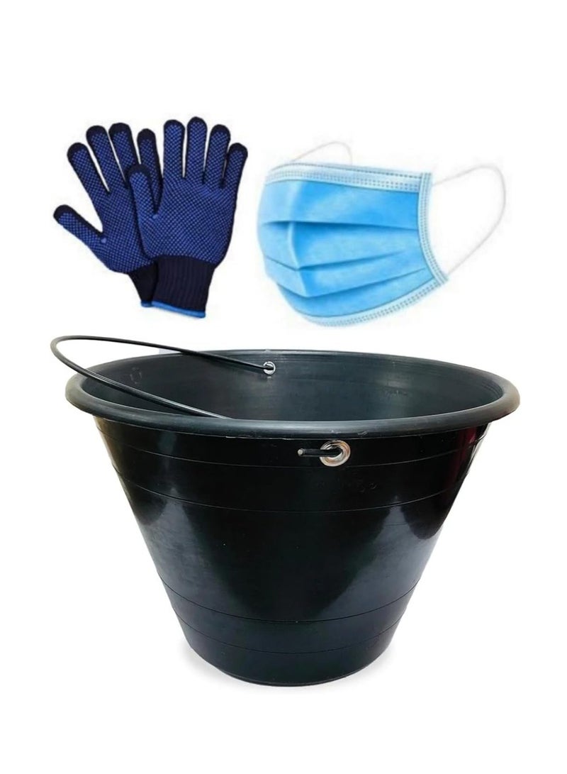 ABBASALI PVC Light Weight Bucket with Handle for Outdoor Gardeners,Construction Field etc With 3 Pair Gloves & 20Pcs Face Mask (2, BLACK)  - Image 1