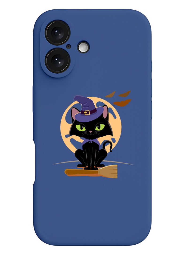 Theodor iPhone 16 Plus Blue Protective Slim Fit Case Liquid Silicone Cover with Full Body Protection Anti-Scratch Shockproof Case For iPhone - Cat Halloween with broom - Image 1