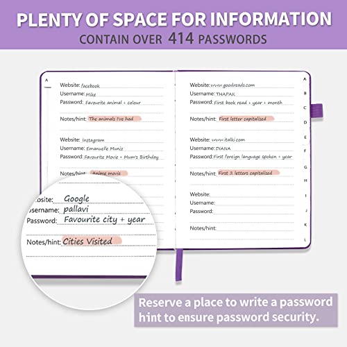 Blugool Password Book with Alphabetical Tabs, Hardcover Password Keeper, Password Notebook Organizer for Computer and Internet Address Website Login, Gifts for Home and Office, 4.4''x 5.8''- Purple - Image 4