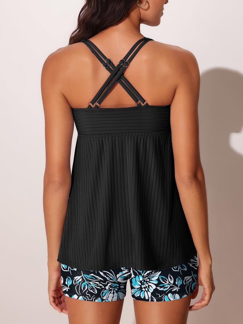 MiYang Tankini Swimsuits for Women 2026 Tummy Control Modest Flowy Two Piece Bathing Suits Top with Pockets Shorts Black Floral Sketch Size XL - Image 2