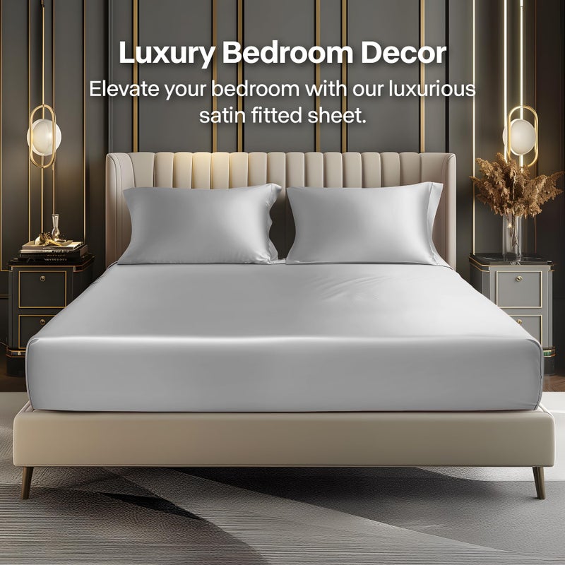 BEDELITE Satin Fitted Sheet and Pillowcase Set, Luxury Soft Similar to Silk Bottom Bed Sheet with Elastic Corner Straps, Deep Pocket up to 15 Inch, 1 Fitted Sheet and 1 Pillowcase(Twin, Grey) - Image 2