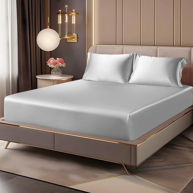 BEDELITE Satin Fitted Sheet and Pillowcase Set, Luxury Soft Similar to Silk Bottom Bed Sheet with Elastic Corner Straps, Deep Pocket up to 15 Inch, 1 Fitted Sheet and 1 Pillowcase(Twin, Grey) - Image 1
