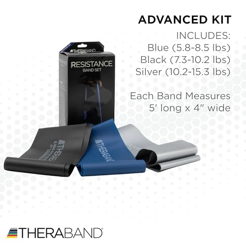 TheraBand مجموعة أحزمة المقاومة THERABAND، المجموعة المتقدمة، أزرق، أسود، فضي، أحزمة مطاطية من اللاتكس للتمارين والعلاج الطبيعي، أحزمة تدريب القوة للياقة البدنية للجسم العلوي والسفلي - Image 2