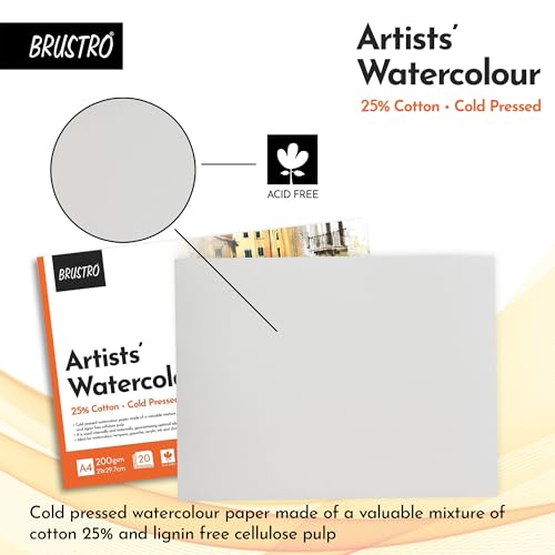 BRUSTRO Artist 25% Cotton Watercolour Paper Pad Cold Pressed 200 GSM A4-20 Sheets | Ideal for Professional Drawing, Painting, Dry & Wet, Fine Art Students - Image 4