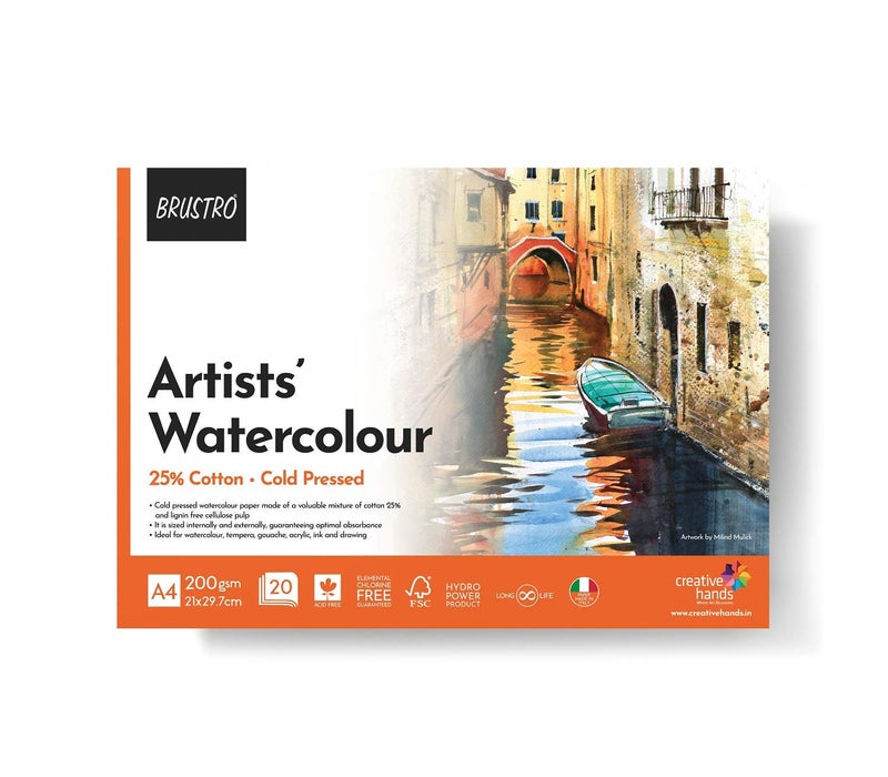BRUSTRO Artist 25% Cotton Watercolour Paper Pad Cold Pressed 200 GSM A4-20 Sheets | Ideal for Professional Drawing, Painting, Dry & Wet, Fine Art Students - Image 1