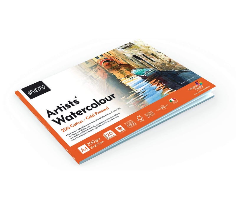 BRUSTRO Artist 25% Cotton Watercolour Paper Pad Cold Pressed 200 GSM A4-20 Sheets | Ideal for Professional Drawing, Painting, Dry & Wet, Fine Art Students - Image 2