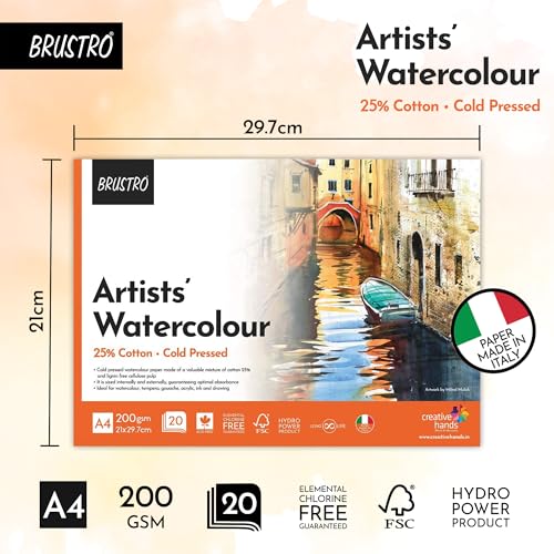BRUSTRO Artist 25% Cotton Watercolour Paper Pad Cold Pressed 200 GSM A4-20 Sheets | Ideal for Professional Drawing, Painting, Dry & Wet, Fine Art Students - Image 3