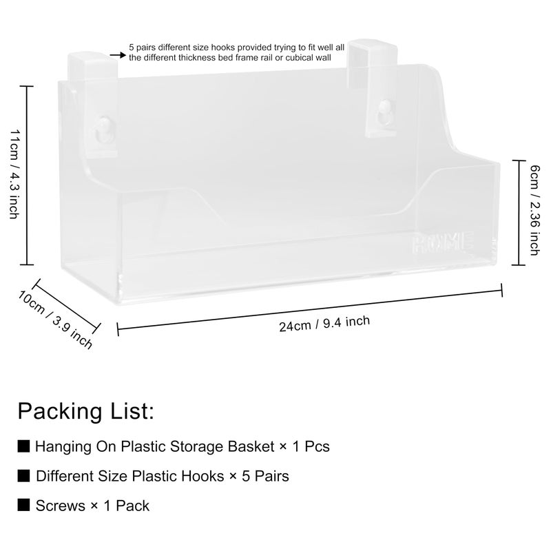 MATIMASU Bedside Caddy Hanging Storage Basket Little Size Plastic Beside Shelf Hang-on Storage Organizer for Collage Dorm Bunk Bed,Changing Table - Bedroom Essentials for Phone,Mini Speaker,Tissues (Clear) - Image 2