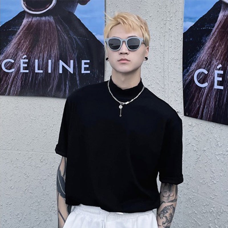 Summer Short-sleeved T-shirt Men's ins Super Popular Loose Casual Half-high Collar Half-sleeve Base Shirt Fashionable Handsome All-match Top - Image 2