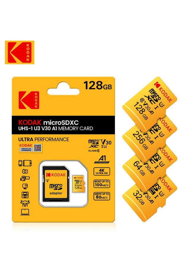 كوداك Kodak 128GB High-Speed TF Memory Card Class10 U3 V30 A1 4K Ultra HD – Compatible with Smartphones/Cameras/Dashcams/Surveillance/MP3/MP4 | Durable & Stable 128 GB - Image 1