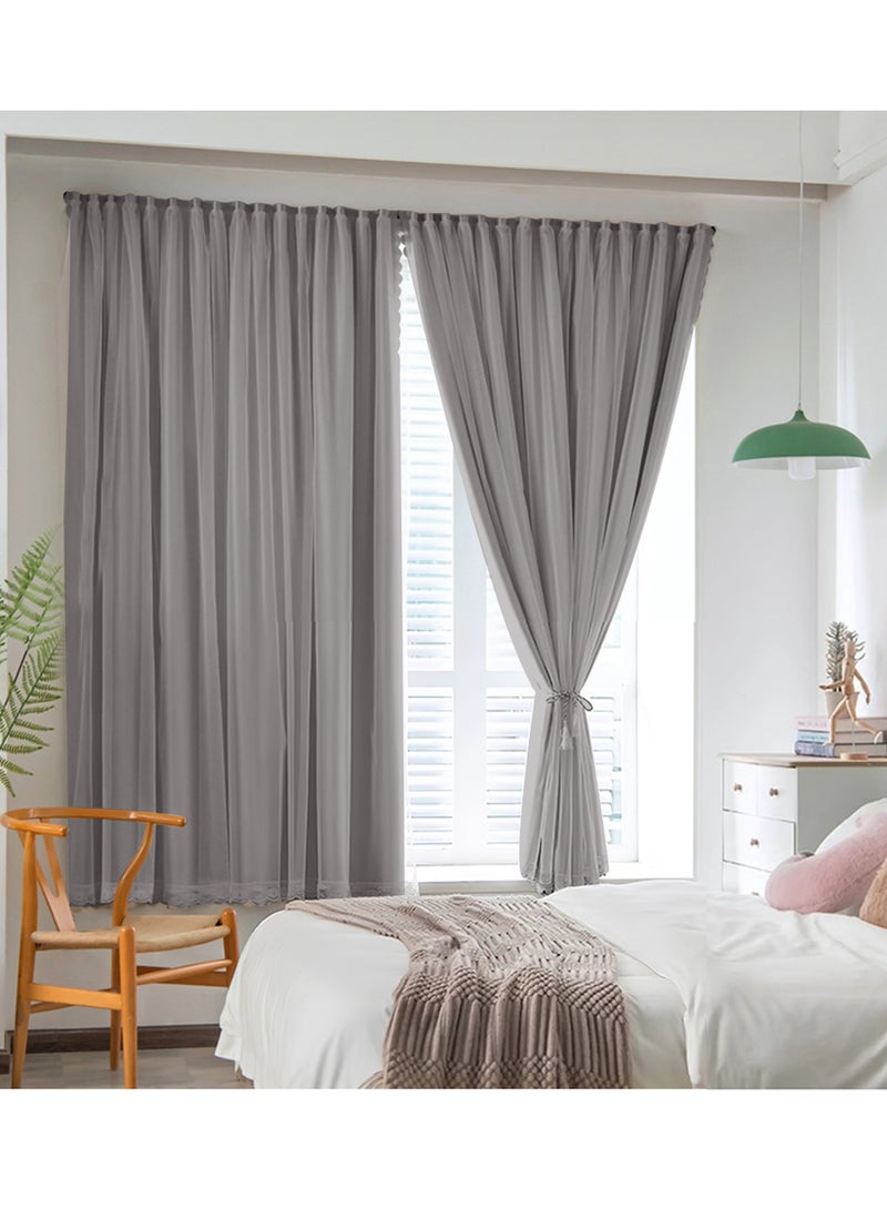 ستائر فيلكرو مع طبقة شفافة، بدون حفر، تعتيم 100٪، قطعة واحدة، مناسبة لنوافذ بعرض 100–130 سم (رمادي داكن W200 × H270 cm) - Image 1