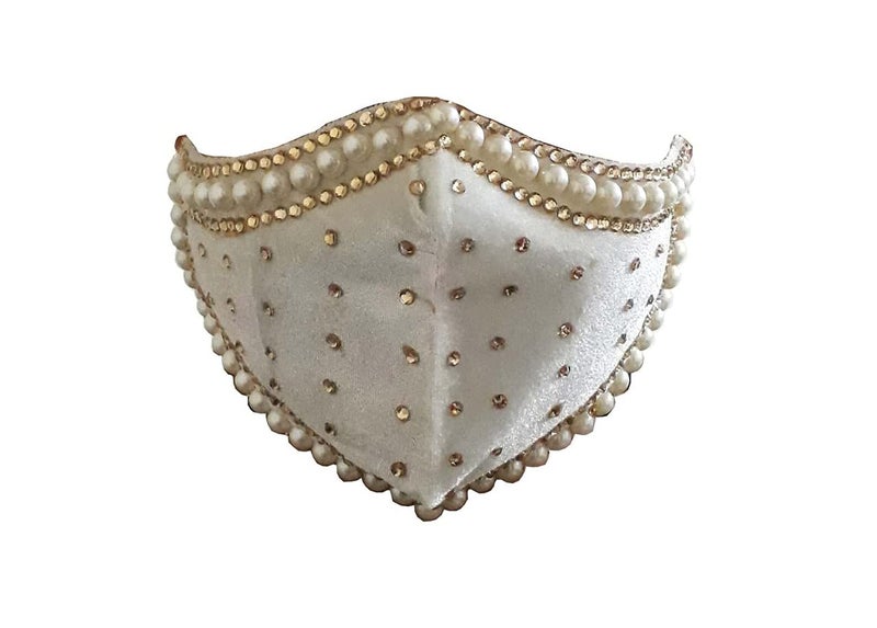 Anasvi fancy velvet 3 play soft elastic, stone wedding mask for women and girls (pack of 2) (white velvet mask 2) - Image 3