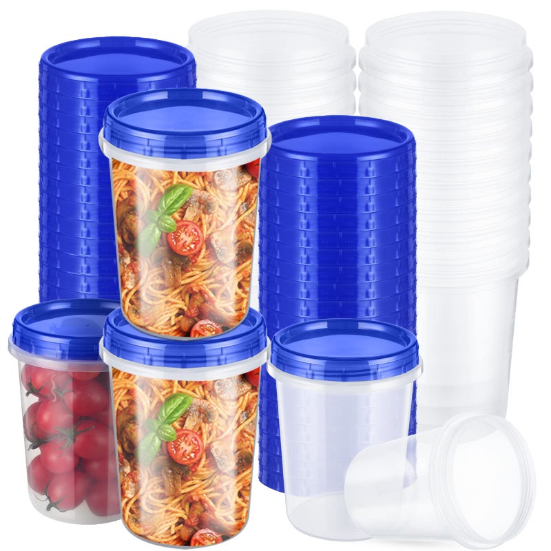 Foaincore 24 Pcs 32 oz Food Storage Freezer Container with Twist Top Lids Reusable Plastic Soup Food Containers with Screw on Lids Leakproof Round Containers for Juice Condiments Fruit Snacks LeftoversBlue 