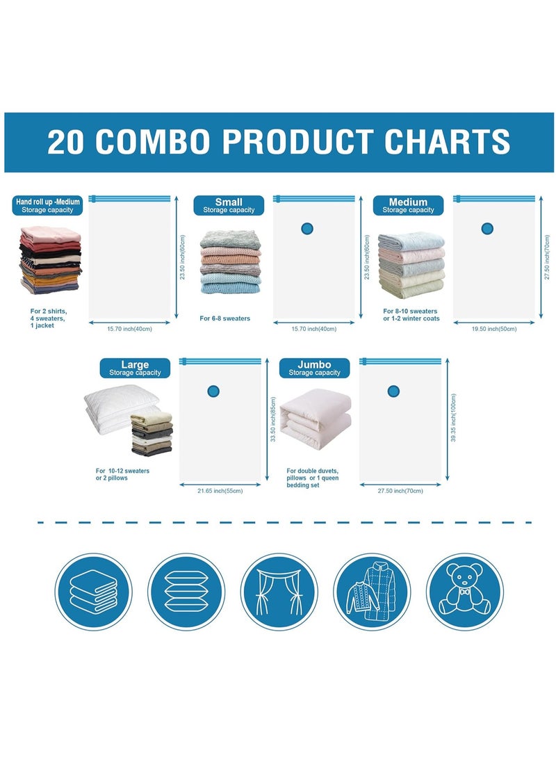 20 Pack Vacuum Storage Bags, Space Saver Bags (4 Jumbo/4 Large/4 Medium/4 Small/4 Roll) Compression for Comforters and Blankets, Sealer Clothes Storage, Hand Pump Included