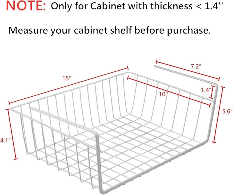 Tebery 2 Pack White Under Shelf Wire Basket Hanging Storage Baskets, Under Cabinet Add-on Storage Racks Slide-in Baskets Organizer for Kitchen Pantry Desk Bookshelf - Image 2