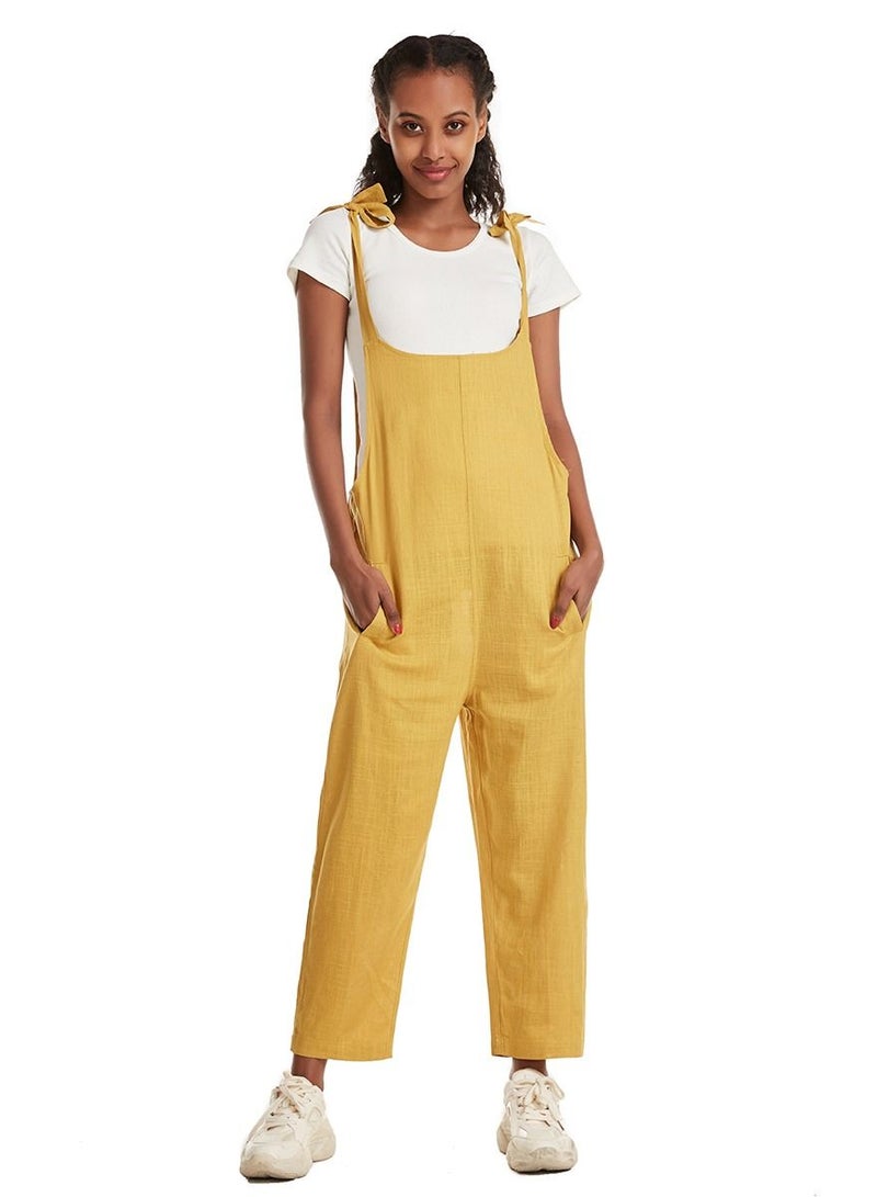 Loquat Women's Solid Color Loose suspender trousers Jumpsuit pants Yellow  - Image 1