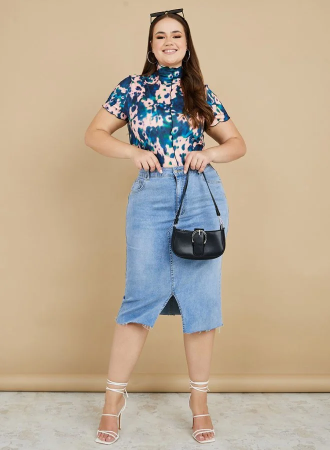 Styli High Neck Tie Dye Print Seam Detail Short Sleeves T-Shirt