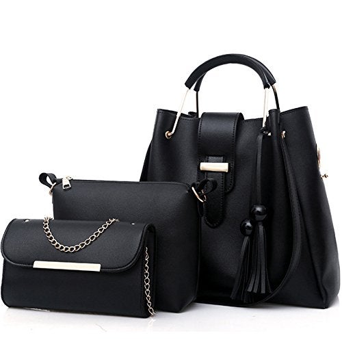 FiveloveTwo Womens Ladies Purse and Handbags 3 Pcs Bag Set PU Leather Tassel Totes Clutch Satchels Top Handle Shoulder Crossbody Bags Pack Black - Image 1