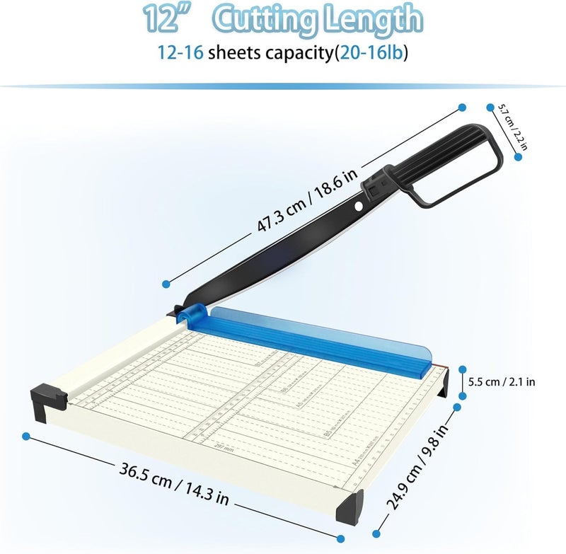 Hmseng Paper Cutter, A4 Paper Trimmer with Safety Guard, 12" Cut Length Paper Cutting Board, Guillotine Trimmer with 16 Sheets Capacity, Paper Slicer for Scrapbooking Craft, Coupon, Label, Cardstock-White - Image 3