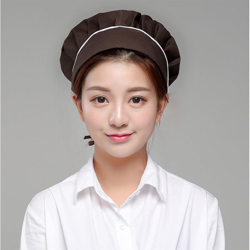 NOLITOY Adjustable Lace-up Chef Hat for Men Women, Food Baking Smoke-Proof Working Cap, Catering Kitchen Cooking Food Service Hat, Coffee White Stripes - Image 1