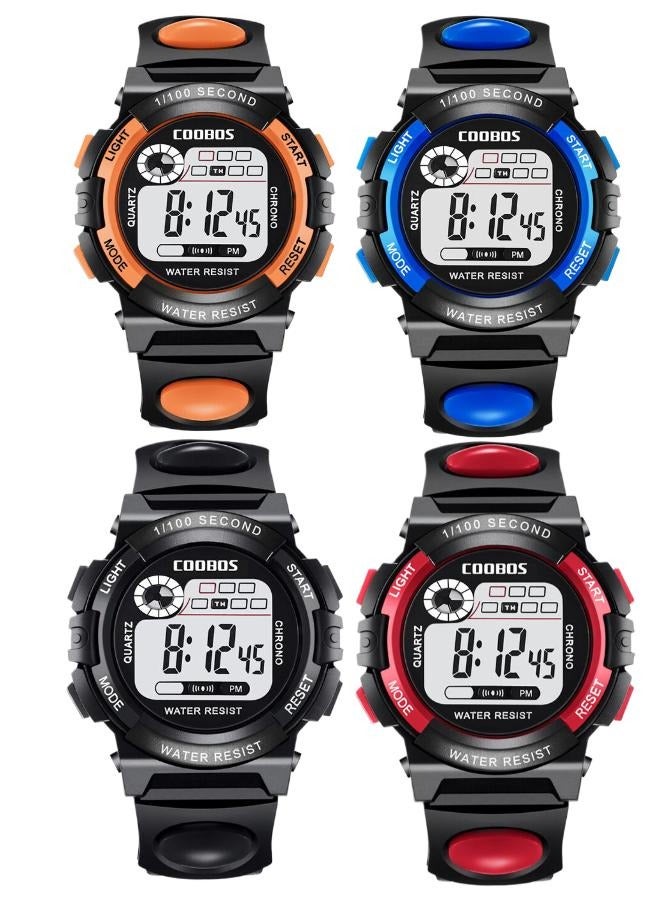 Coobos 4PCS Children's Waterproof Rubber Digital Watch (Blue/Orange/Black/Red)  - Image 1