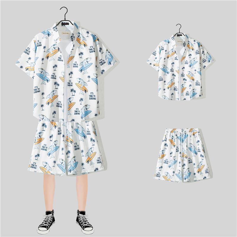 Hawaiian Seaside Beach Vacation Suit Mens Loose Large Size Couple Trendy Brand Short-Sleeved Floral Shirt Casual Two-Piece Set 5127 set 