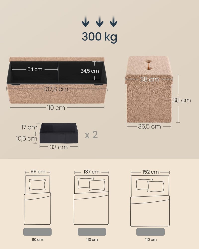 SONGMICS HOME Stool with Storage Space, Foldable Stool, 38 x 110 x 38 cm, Footstool, Bench, Bed Bench, Storage Box, Maximum Load 300 kg, Living Room, Bedroom, Hallway, Camel Brown - Image 3
