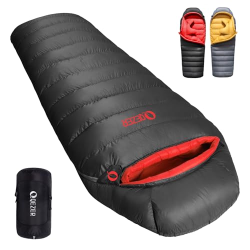 QEZER Down Sleeping Bag for Adults 620 Fill Power Down Sleeping Bag Cold Weather Ultralight with Pouch for Backpacking, Camping, Hiking (1500g Down Filling-Black) - Image 1