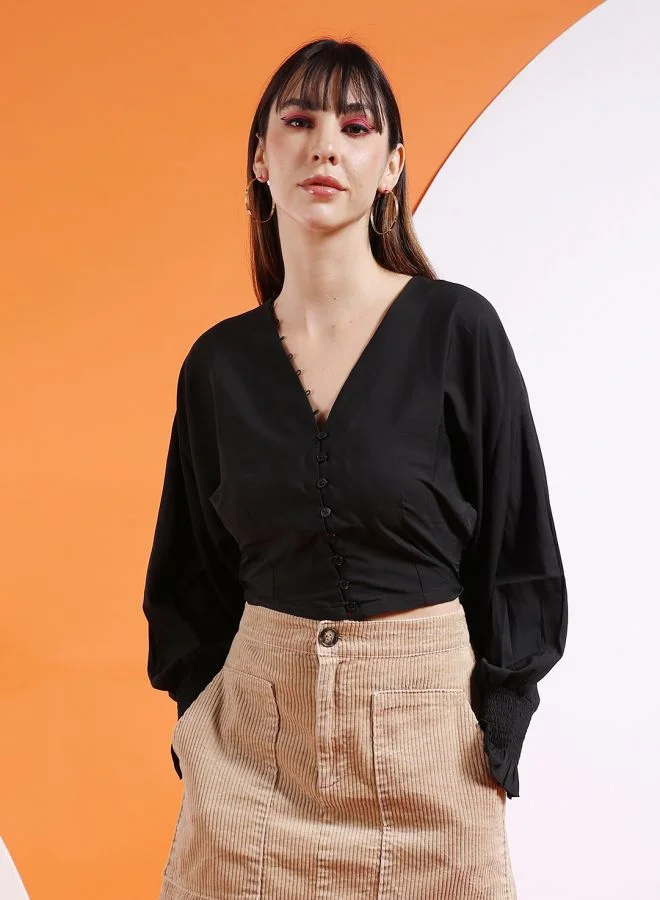 مرفوعة Women Regular Fit Casual Solid V-Neck Top