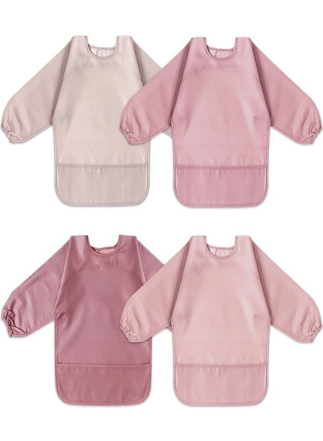 POIKSHARK 4 Pack Long Sleeve Bib, Waterproof Sleeved Smock for 6-30 Months Baby Boy or Girl, Reusable Bib with Catch-all Pocket - Pink - Image 1